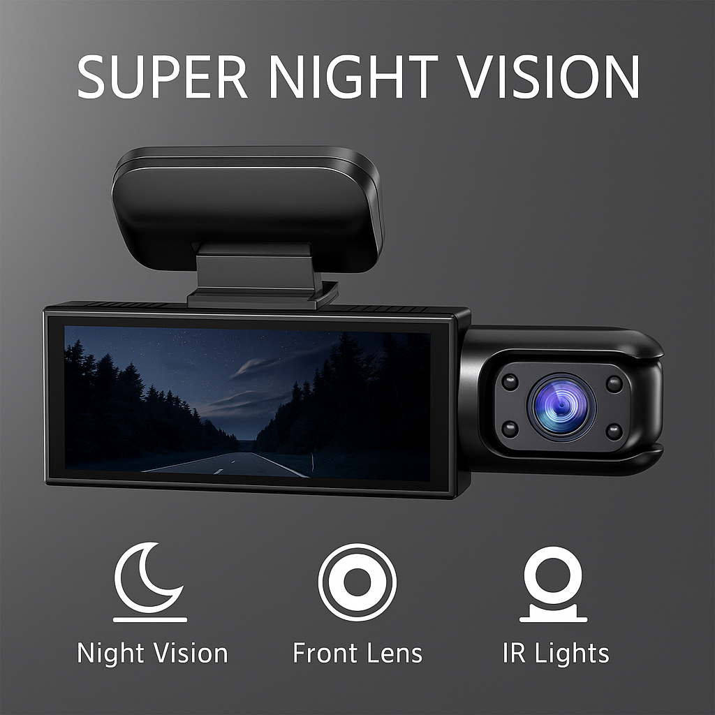 Dashcam כפולה Full HD לרכב - ראיית לילה + מצלמה פנימית