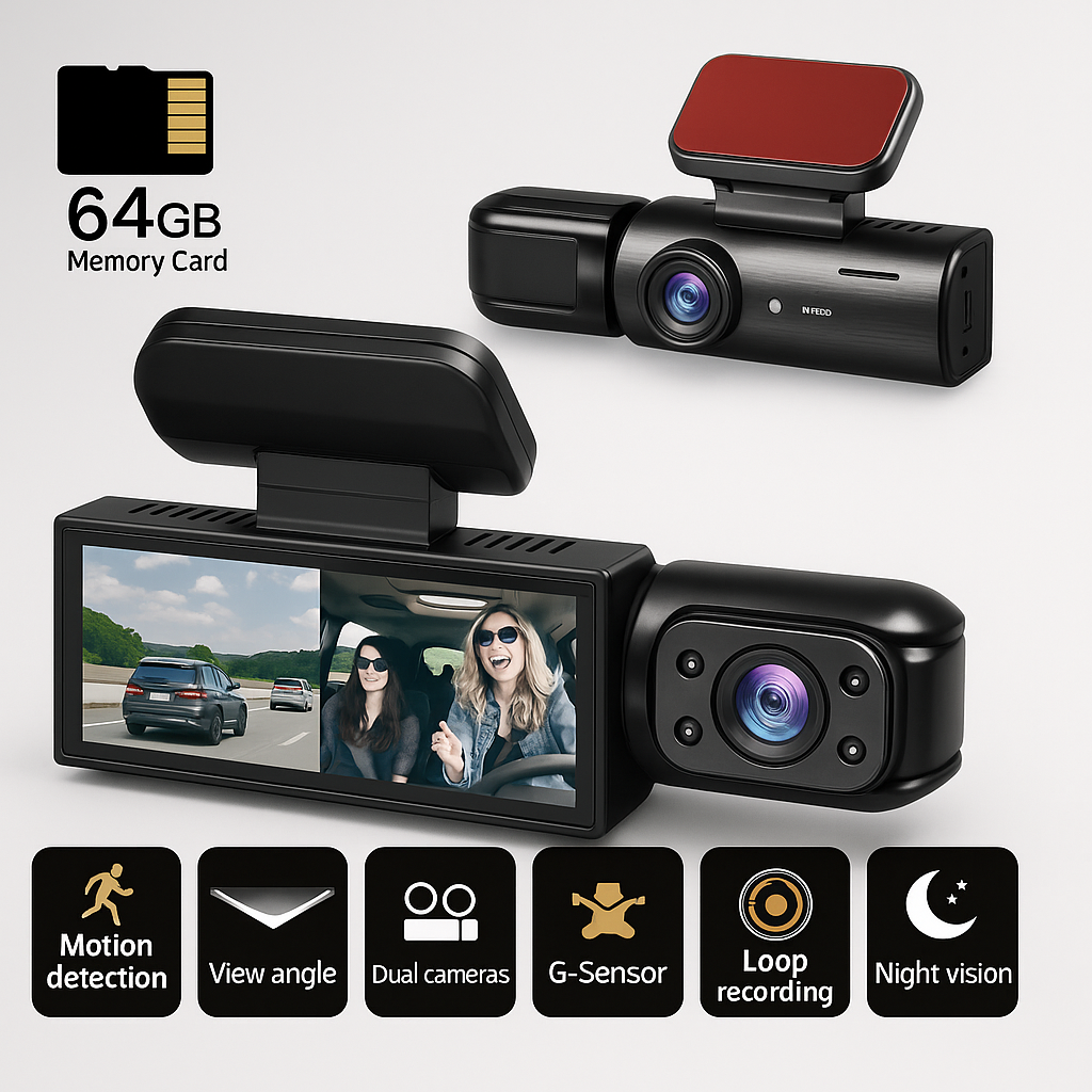 Dashcam כפולה Full HD לרכב - ראיית לילה + מצלמה פנימית