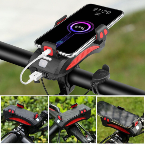 Lámpara de bicicleta multifuncional – Claxon y soporte para teléfono 